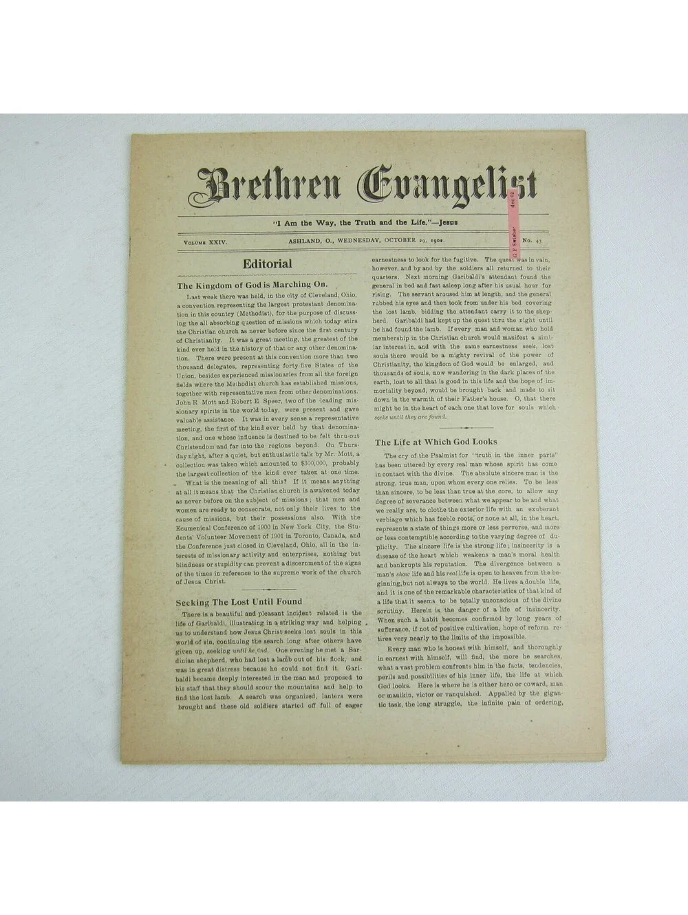 Brethren Evangelist Christian Newspaper Ashland Ohio Antique October 29th 1902
